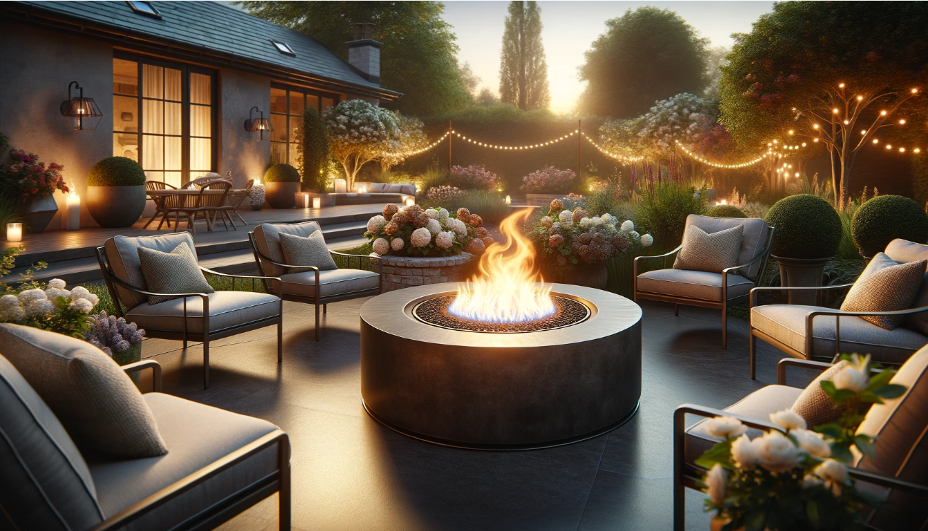 Cozy outdoor setting featuring a stylish gas fire pit.