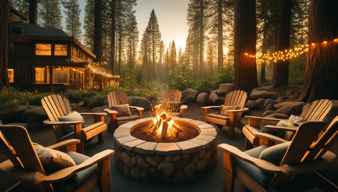 Cozy outdoor setting featuring a rustic wood fire pit