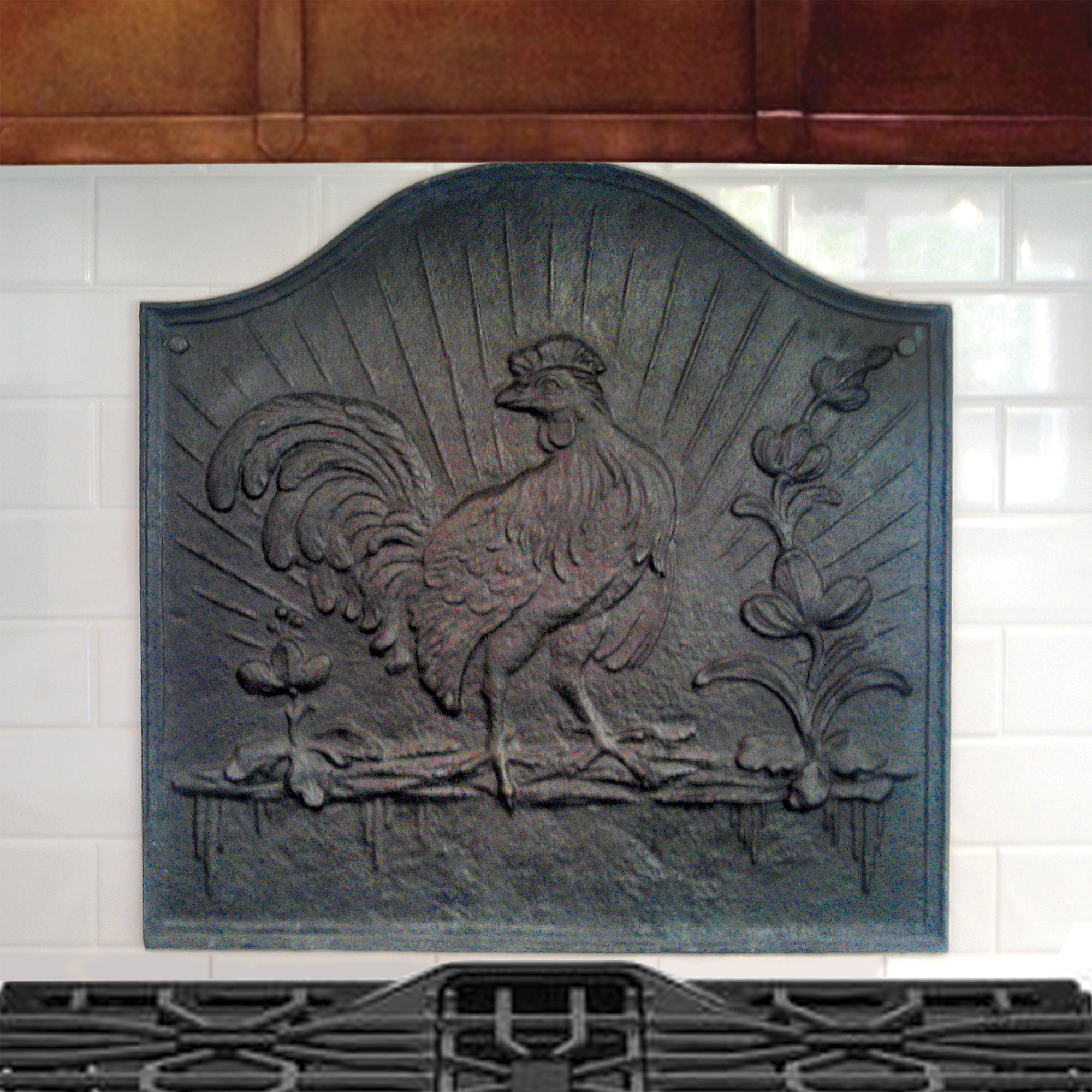 Cast Iron Backsplash Sunrise Rooster Design Powder Coated