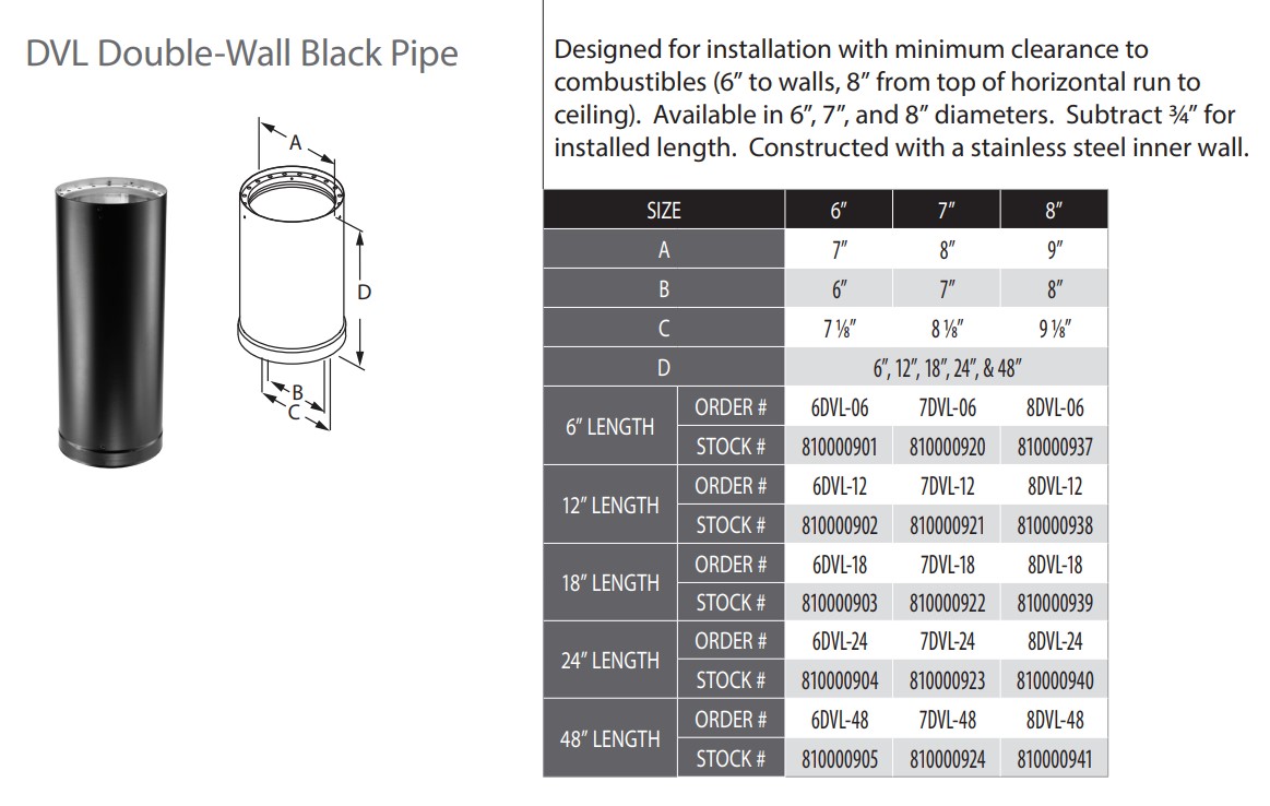 DuraVent 6DVL-06 6 Inner Diameter - DVL Stove Pipe 