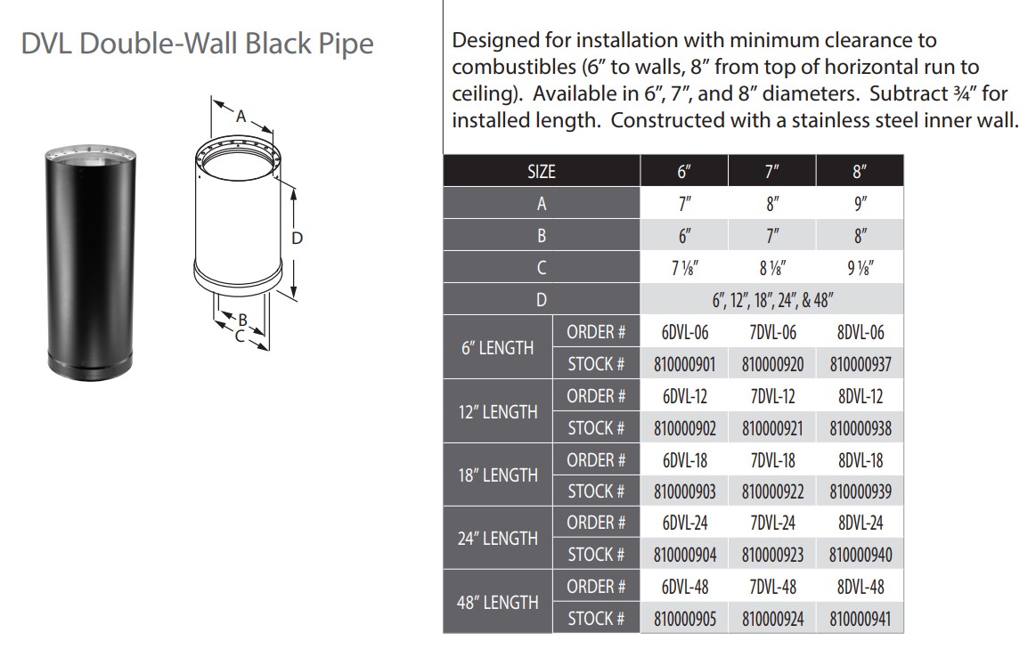 DuraVent 8DVL-24 DVL 8 Double Wall Black Pipe - 24