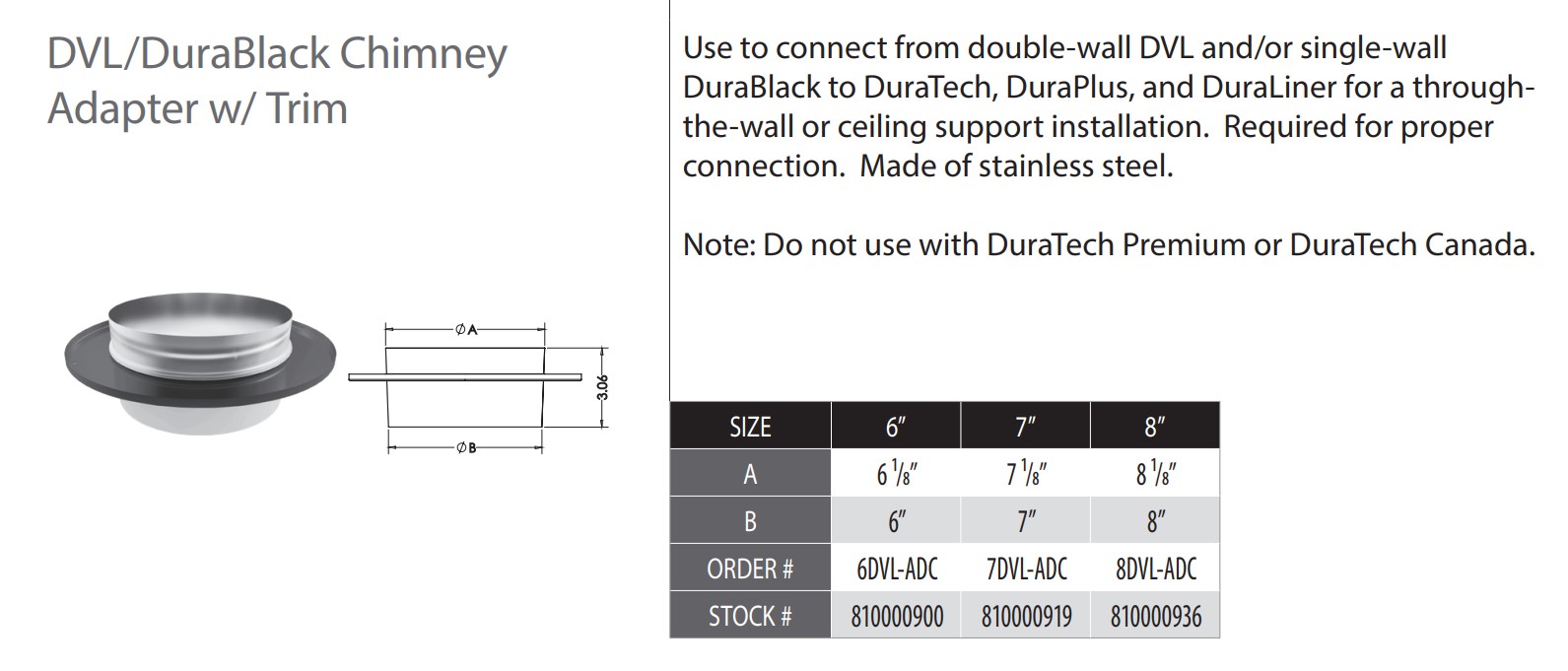 6 DVL/DuraBlack Double Wall Chimney Adapter