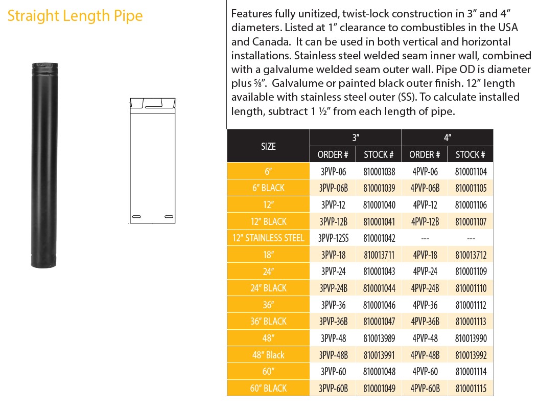 DuraVent 60 PelletVent Pro Straight Length Pipe, 4 / Black 4PVP-60B