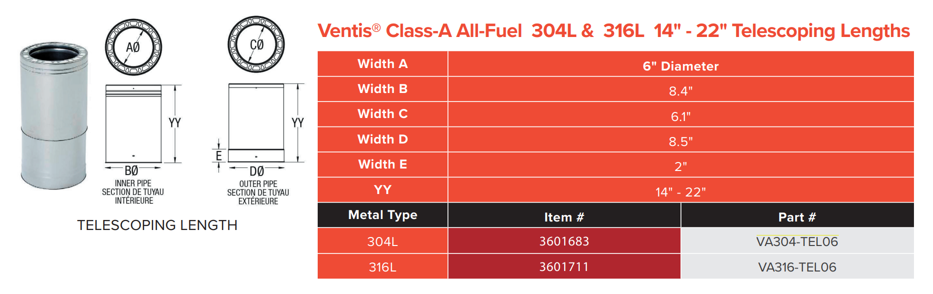 Class-A Chimney Pipe 304L Stainless Steel by Ventis - 6 diameter